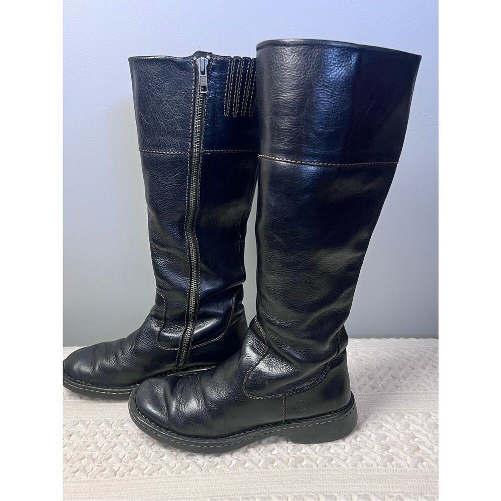 Børn Black Leather Knee High Riding Boots Zip Comfort Flat Classic Sz 6 - Picture 3 of 12